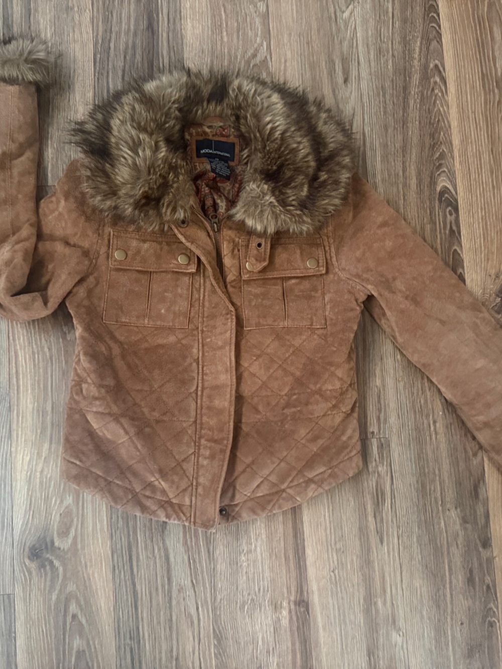 Moda International Quilted Suede Puffer Jacket with Faux-Fur Trim - Brown
